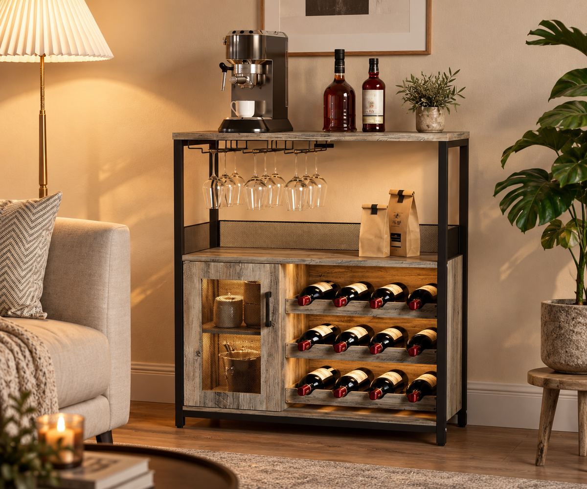 Meuble bar à vin avec porte-bouteilles et porte-verres - mise en situation