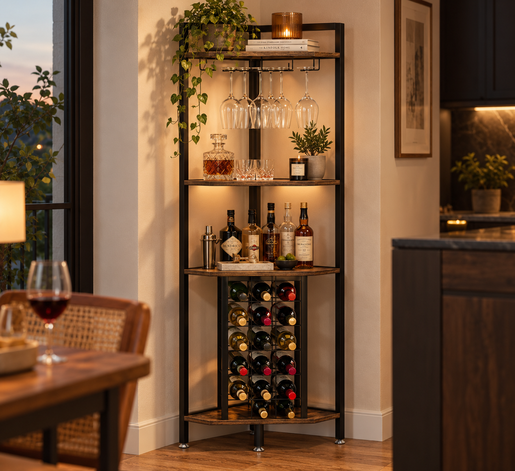 Meuble bar d'angle avec comptoir et porte-verres - mise en situation