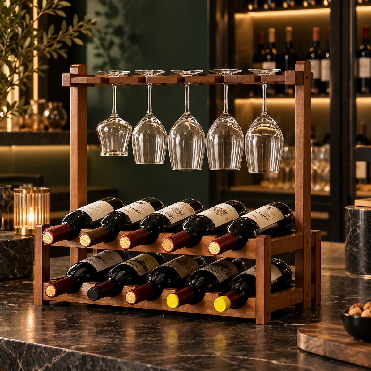 Étagère bar suspendue avec porte-bouteilles et porte-verres dans un espace vin contemporain