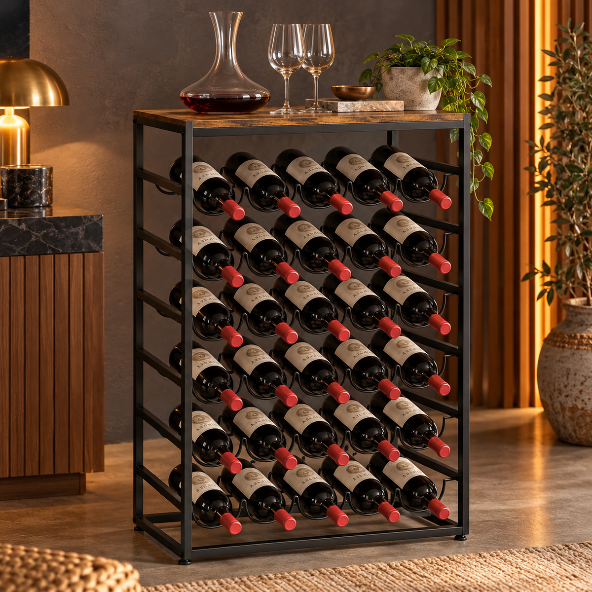 Casier à vin 30 bouteilles en bois et métal dans un intérieur chaleureux