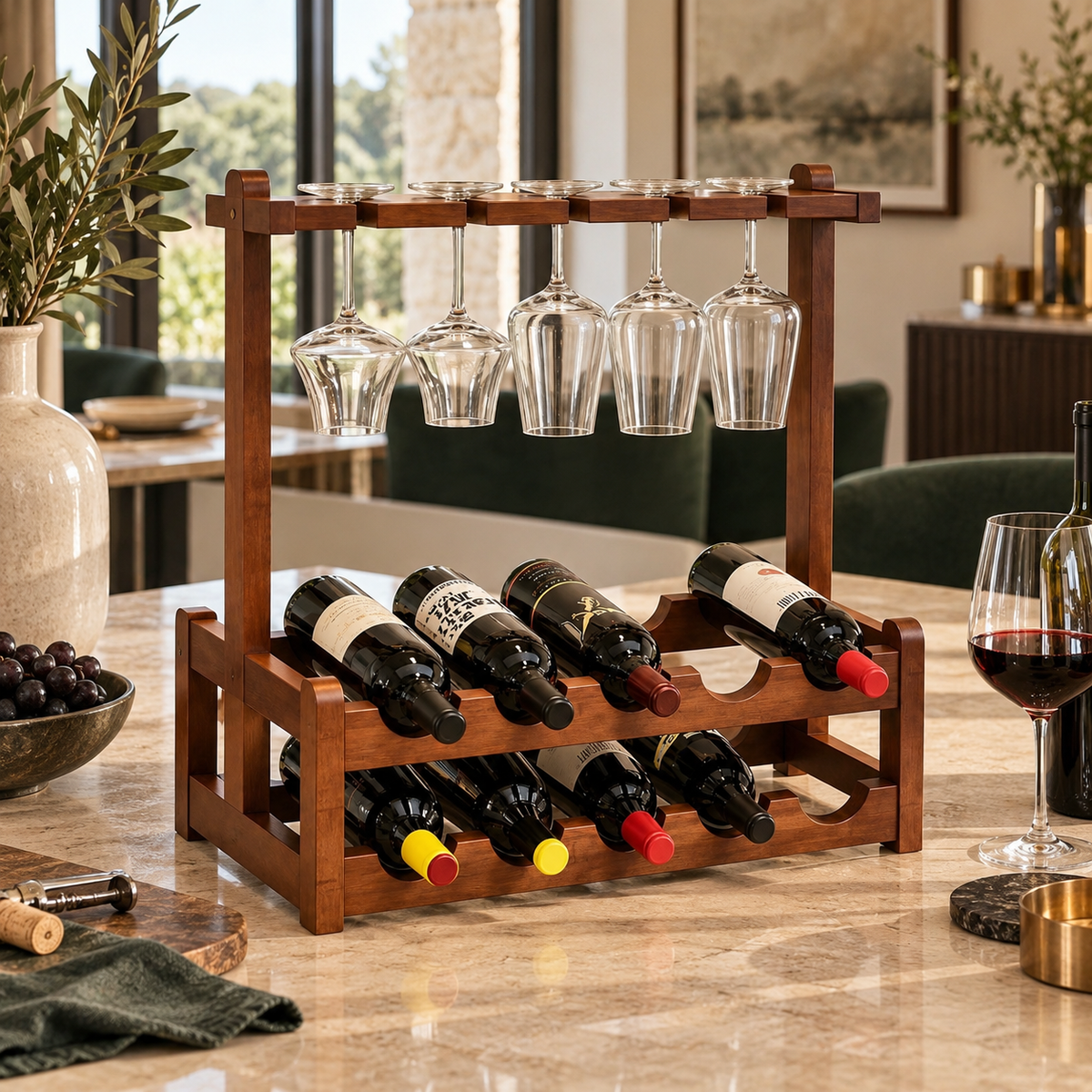 Étagère bar suspendue avec rangement pour bouteilles dans un intérieur chaleureux
