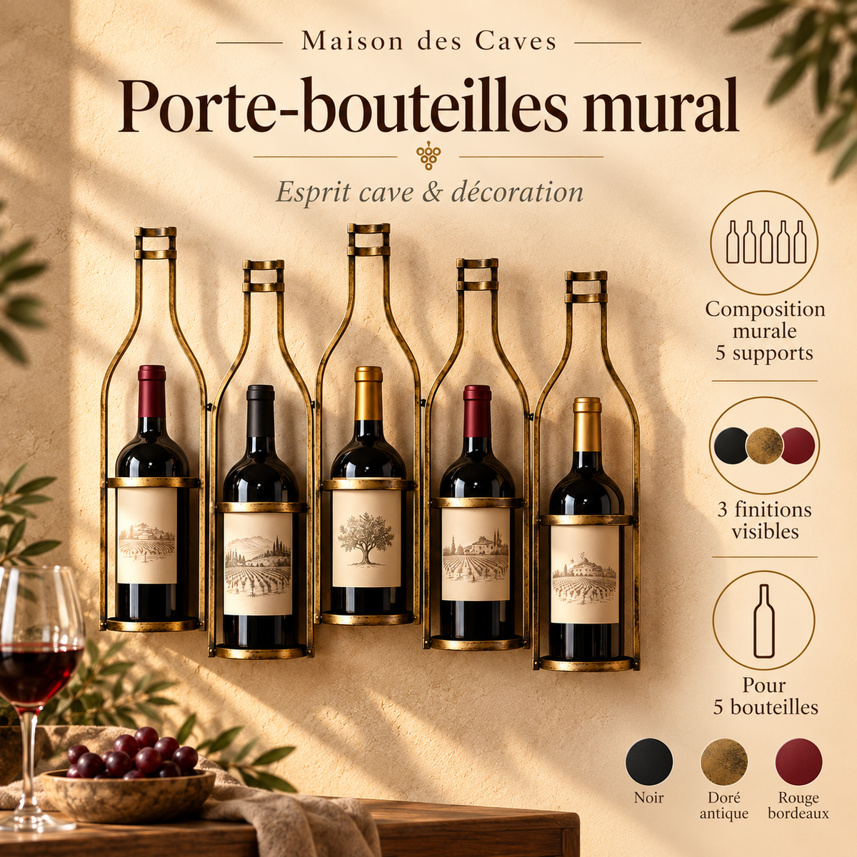 Vue détaillée du support mural porte-bouteilles décoratif