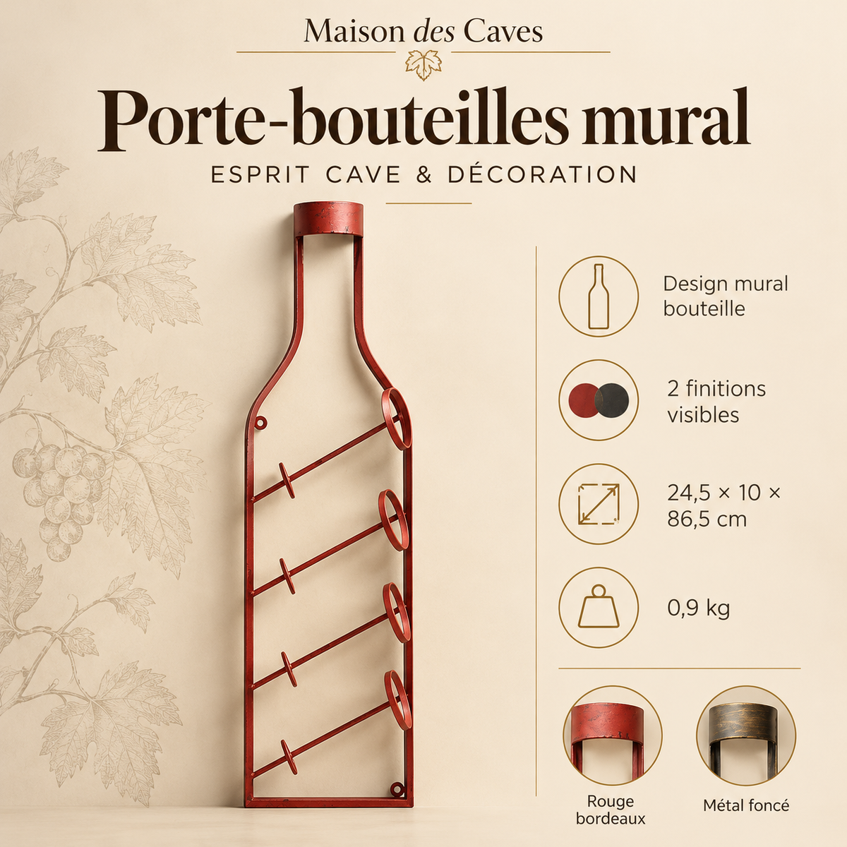 Support mural 3 ou 4 bouteilles Maison des Caves