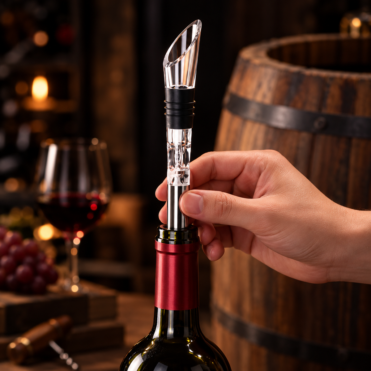 Aérateur de vin avec bec verseur installé sur une bouteille de vin