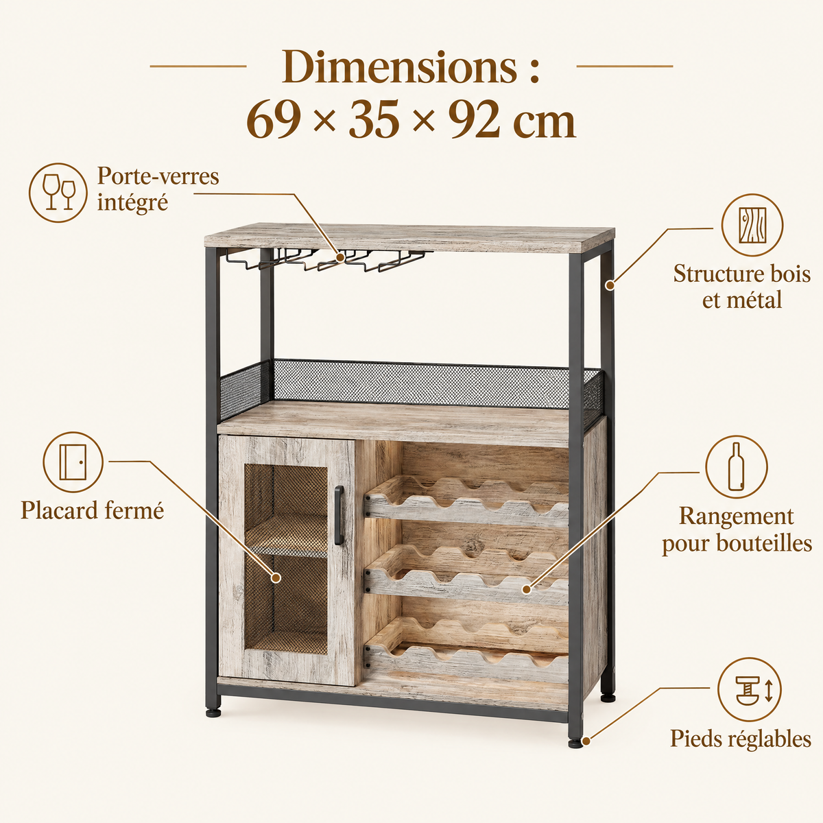Meuble bar à vin avec porte-bouteilles et porte-verres - caractéristiques et dimensions
