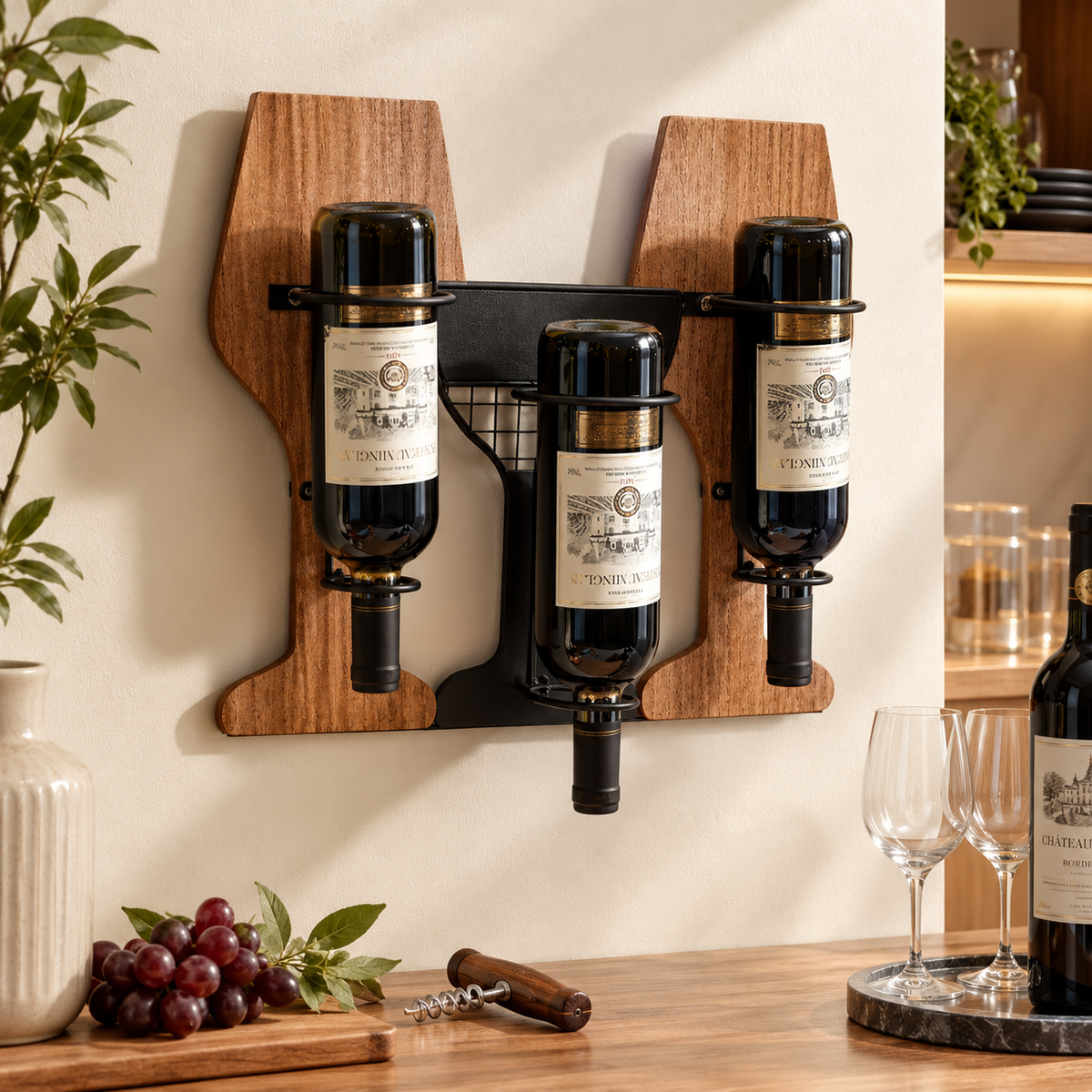 Range-bouteilles en métal 3 ou 4 bouteilles dans un intérieur chaleureux