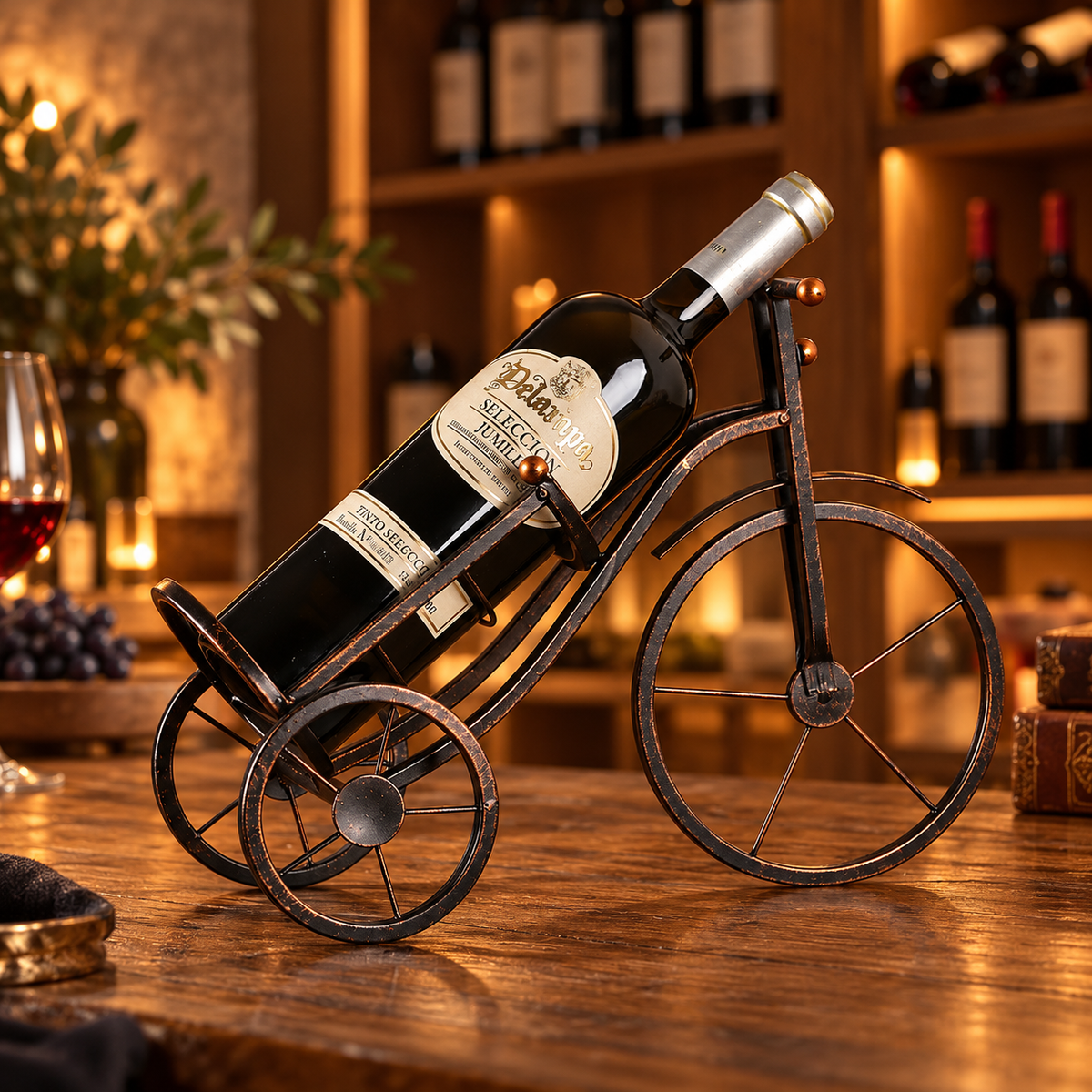 Porte-bouteille tricycle en métal finition bronze avec une bouteille