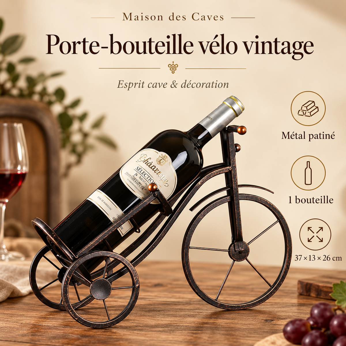 Porte-bouteille tricycle décoratif Maison des Caves