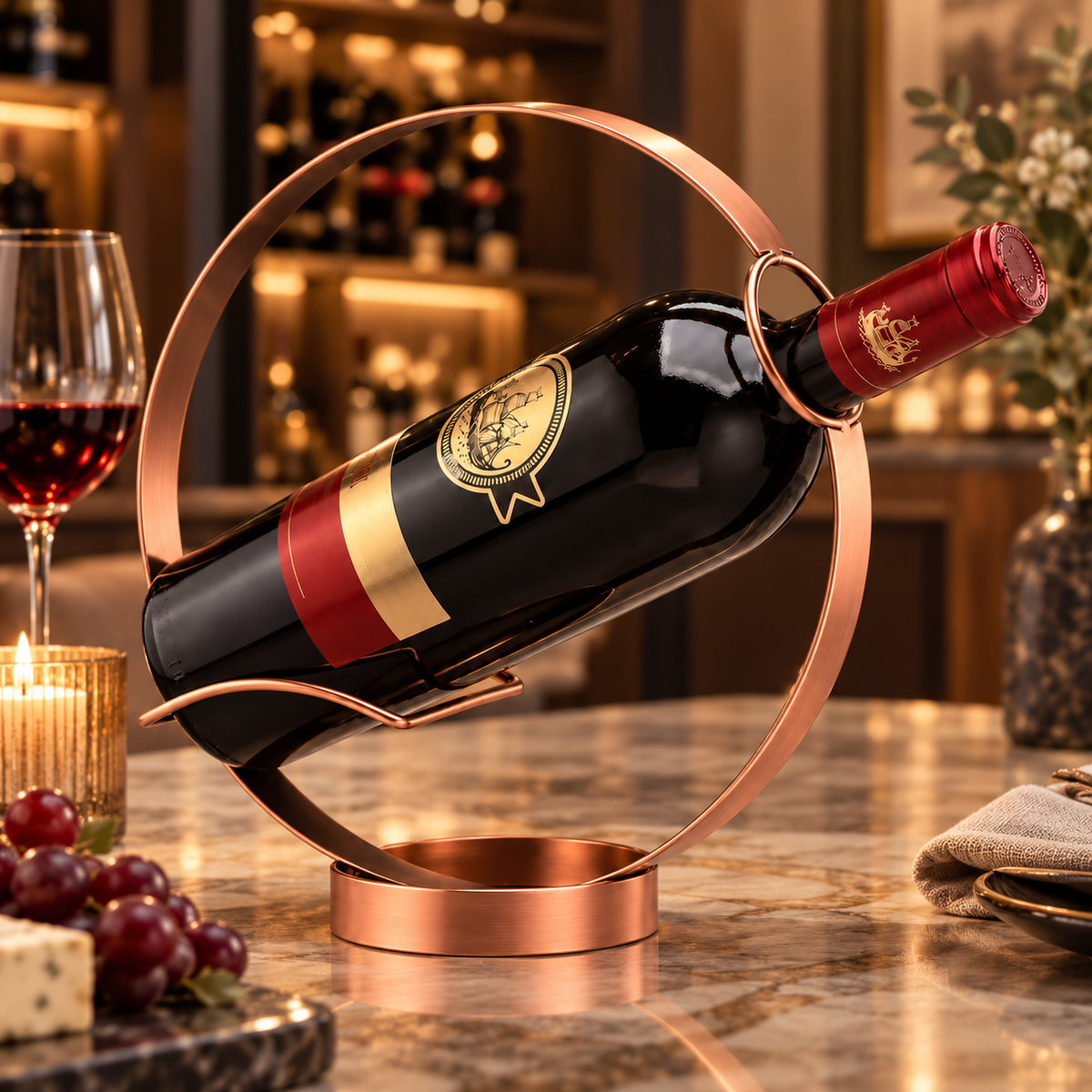 Porte-bouteille design en métal avec une bouteille de vin