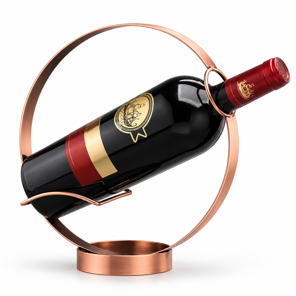 Porte-bouteille design en métal présenté avec une bouteille