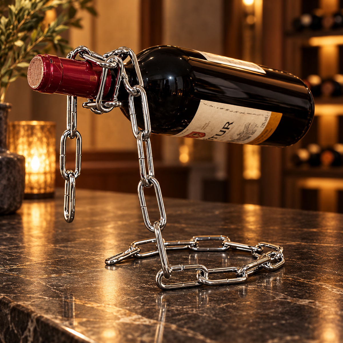 Porte-bouteille effet chaîne en métal avec bouteille de vin