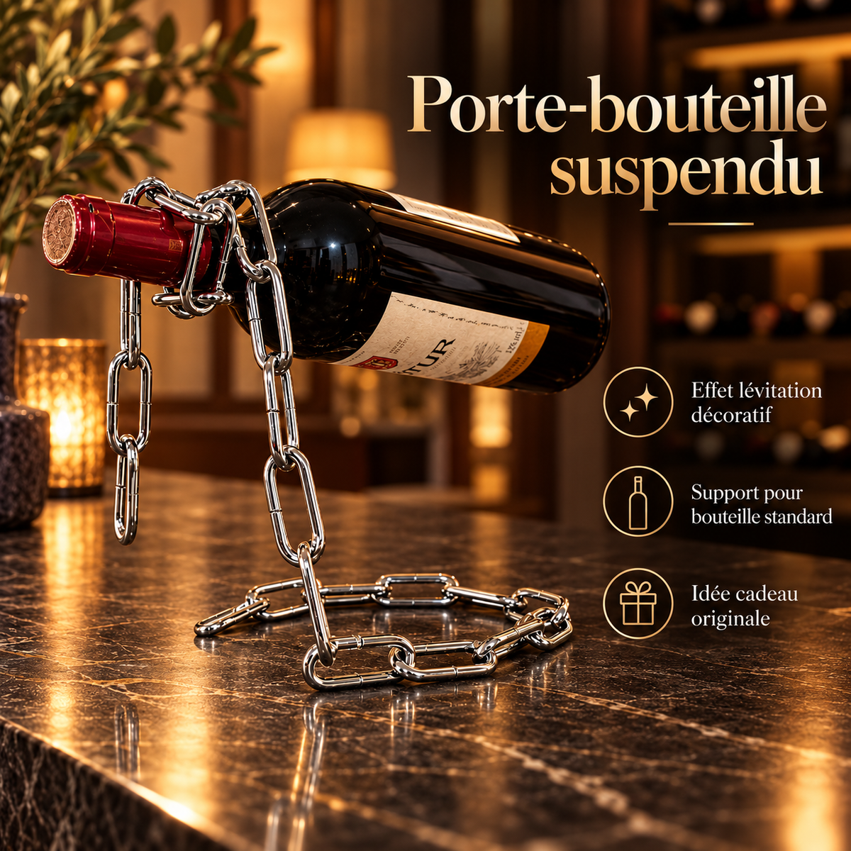 Vue rapprochée du porte-bouteille effet chaîne en métal