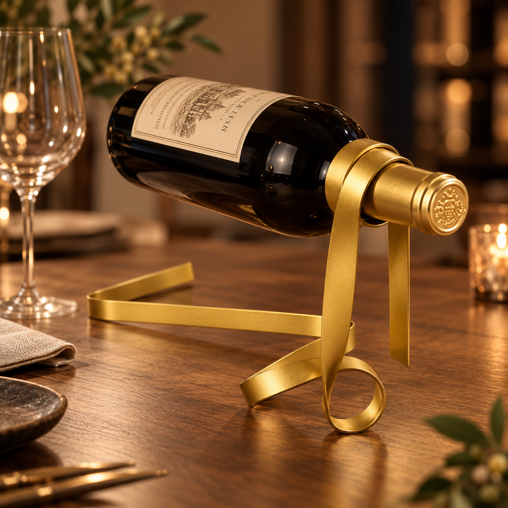 Porte-bouteille ruban en métal avec une bouteille de vin