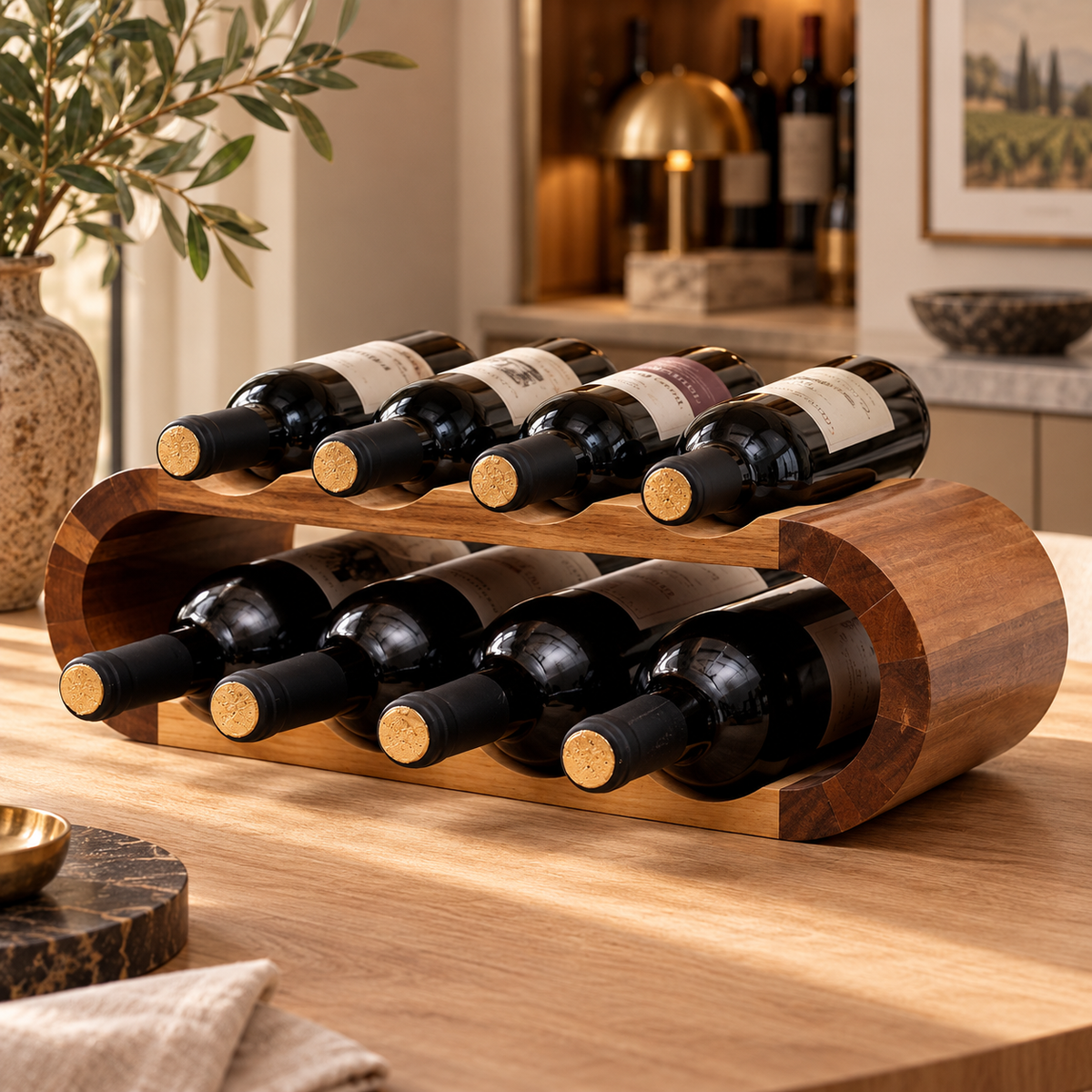Porte-bouteilles en bois 5 bouteilles dans un intérieur contemporain