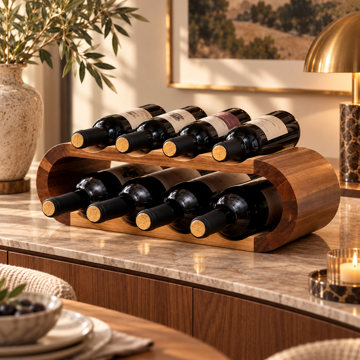 Porte-bouteilles en bois pour 5 bouteilles en mise en situation