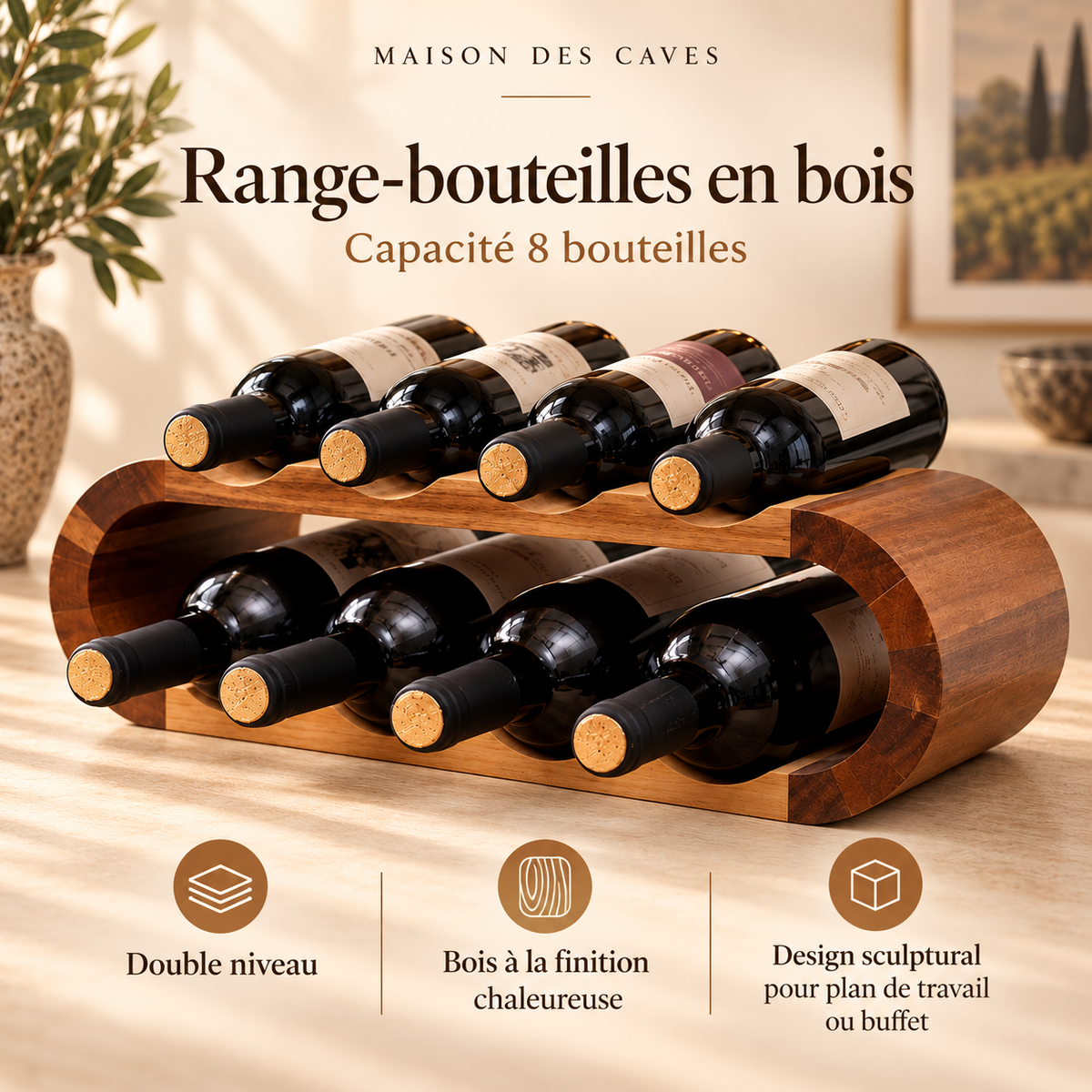 Vue rapprochée du porte-bouteilles en bois 5 bouteilles