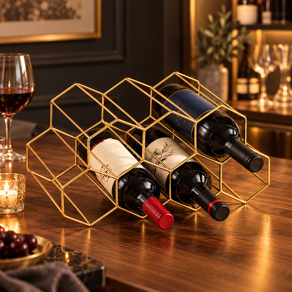 Casier à vin 7 bouteilles en métal - finition bronze en mise en situation