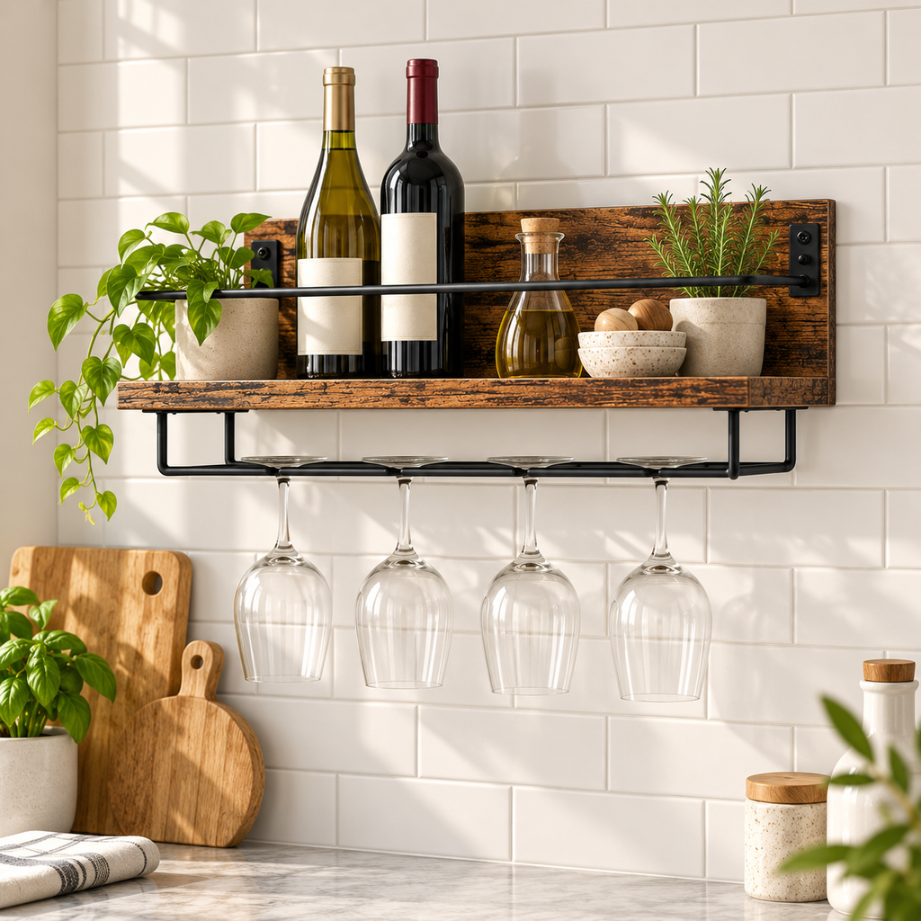 Étagère murale à vin bois et métal - vue rapprochée