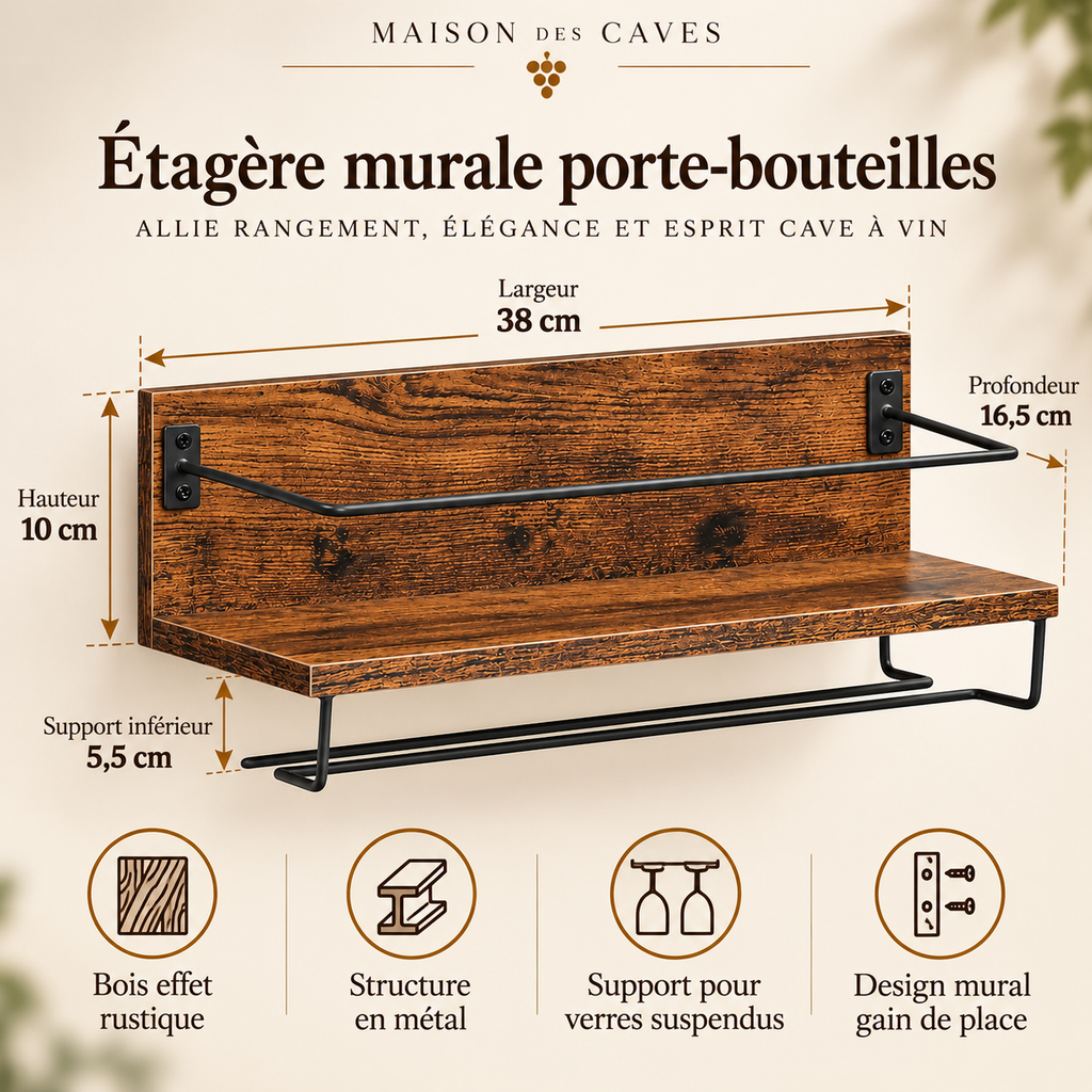 Étagère murale à vin avec porte-verres - détail de la structure