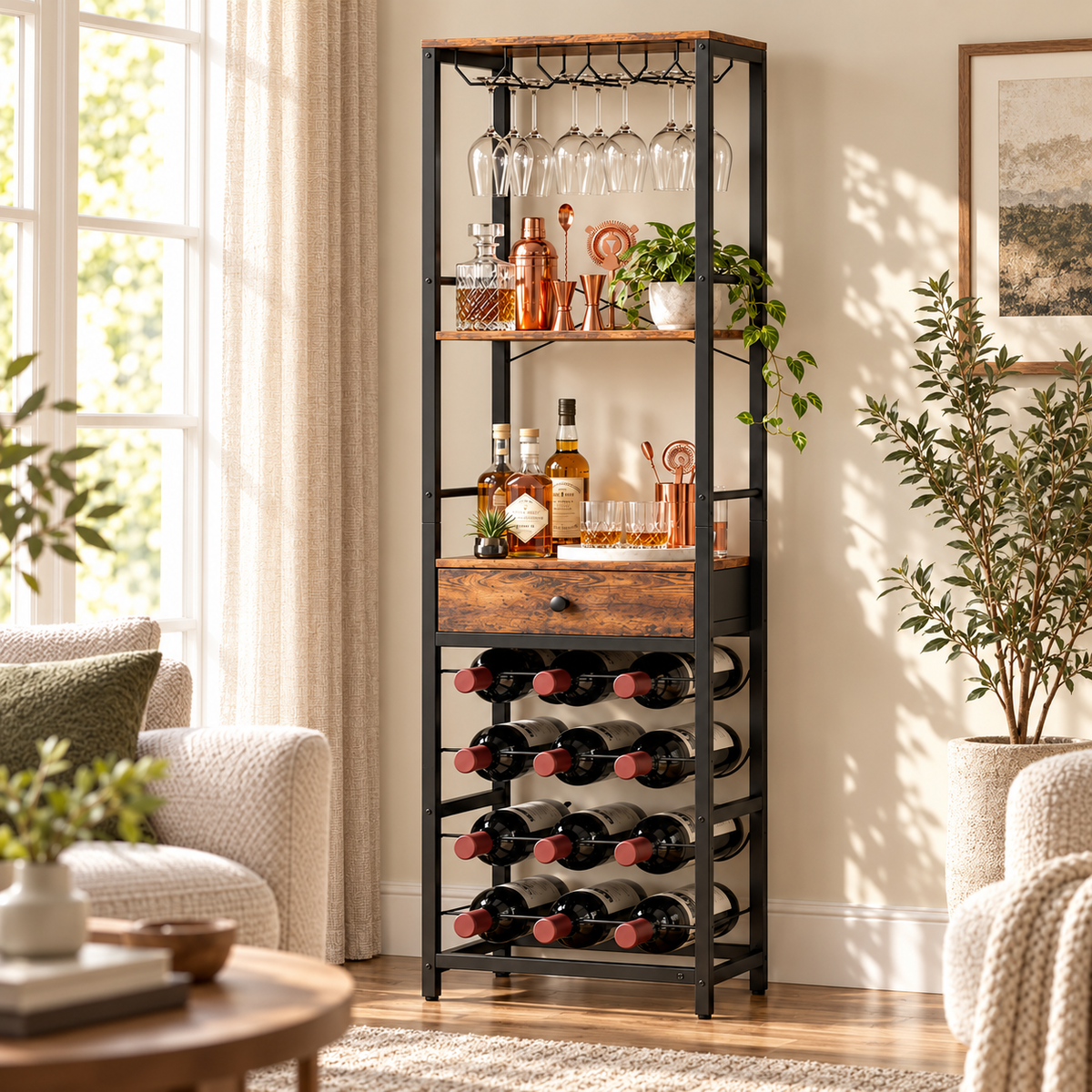 Meuble à vin vertical avec porte-bouteilles et porte-verres - vue détaillée 2