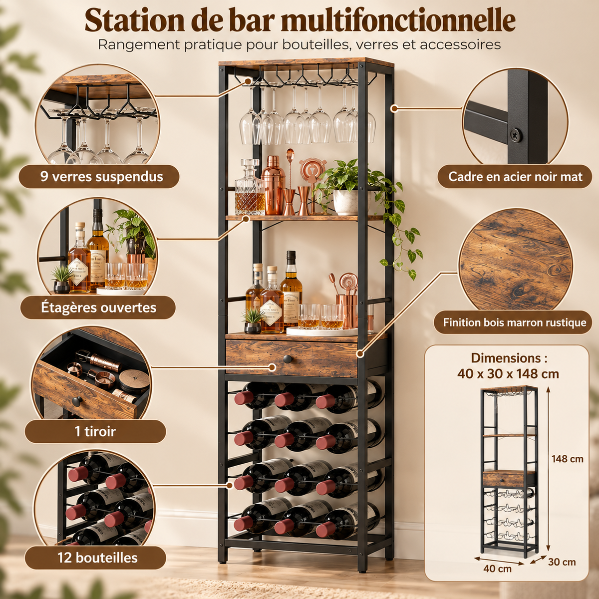 Meuble à vin vertical avec porte-bouteilles et porte-verres - vue détaillée 3