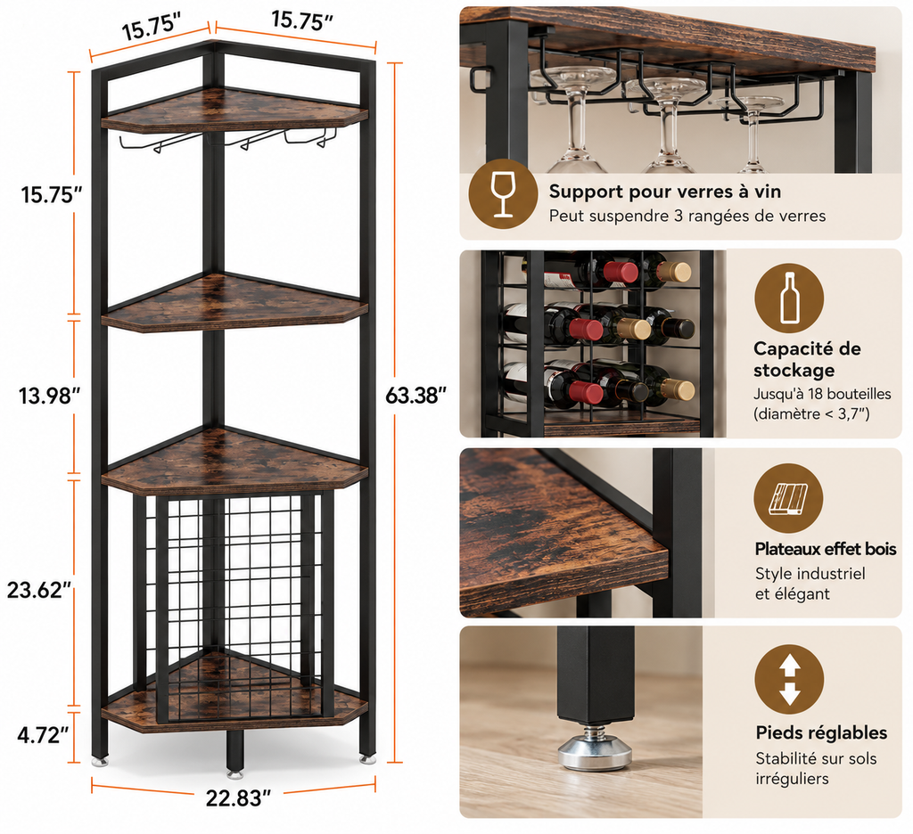 Meuble bar d'angle avec comptoir et porte-verres - caractéristiques et dimensions