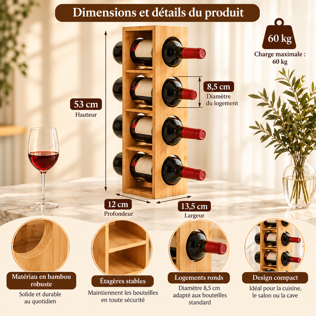 Range-bouteilles en bois 5 bouteilles - caractéristiques et dimensions