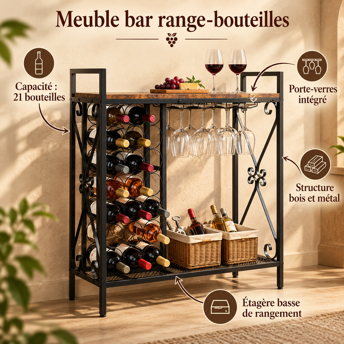 Meuble bar à vin 21 bouteilles avec porte-verres - vue détaillée 4