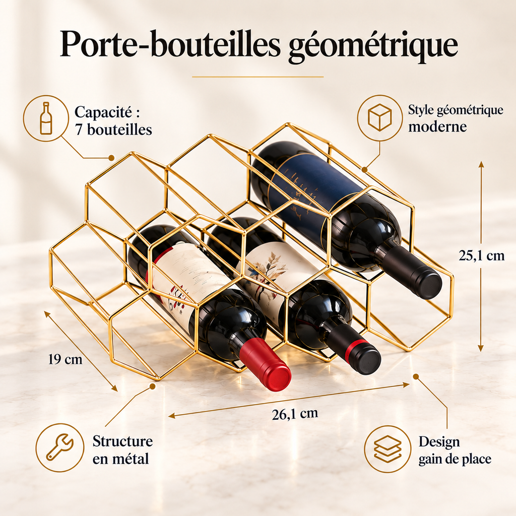 Casier à vin géométrique 7 bouteilles - finition bronze
