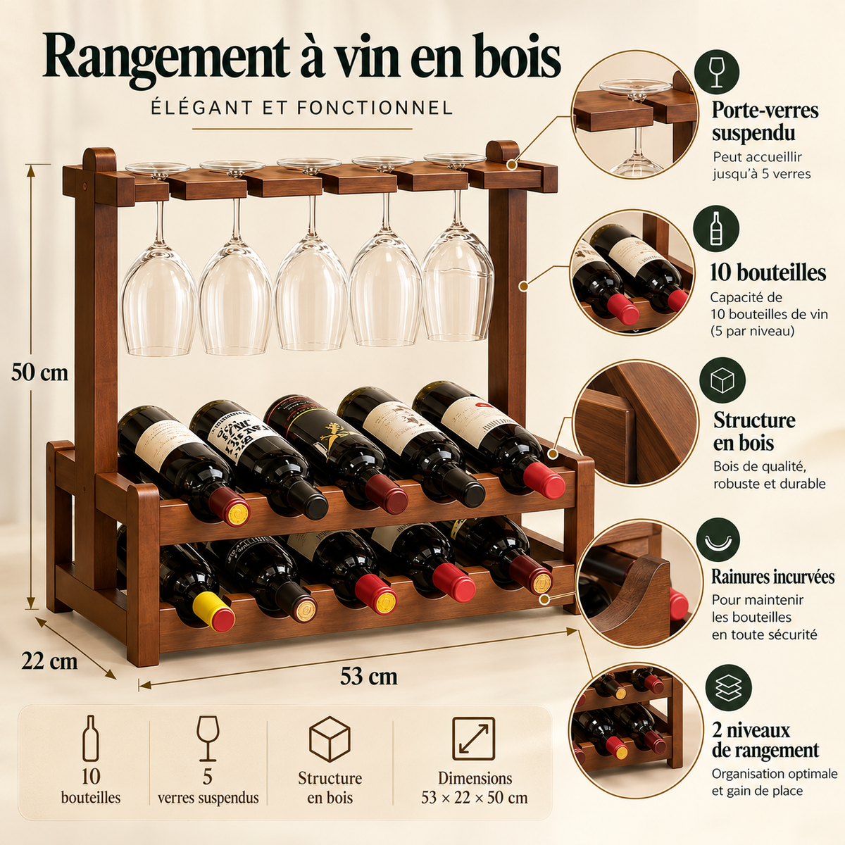 Étagère bar suspendue - détail du rangement pour bouteilles et verres
