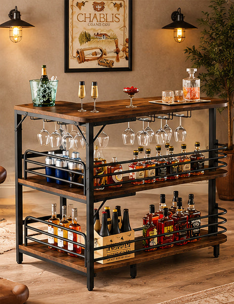 Meuble bar d'angle avec rangements pour bouteilles et porte-verres