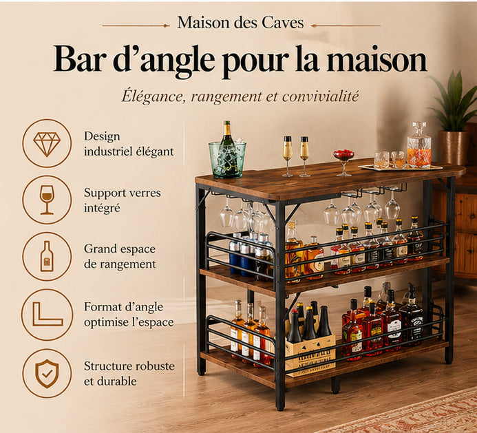 Porte-verres et rangements du meuble bar d'angle