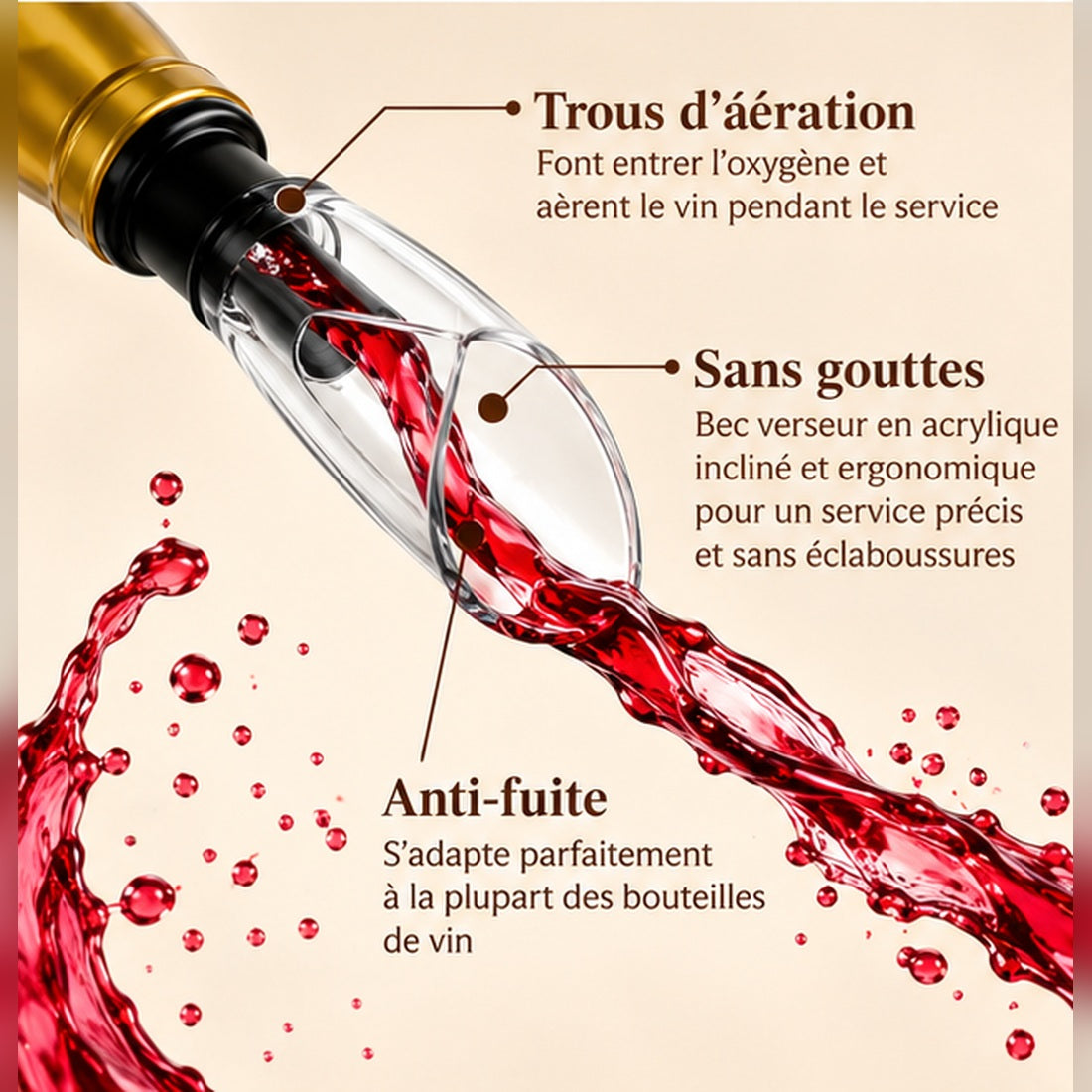 Aération du vin au service avec un bec verseur