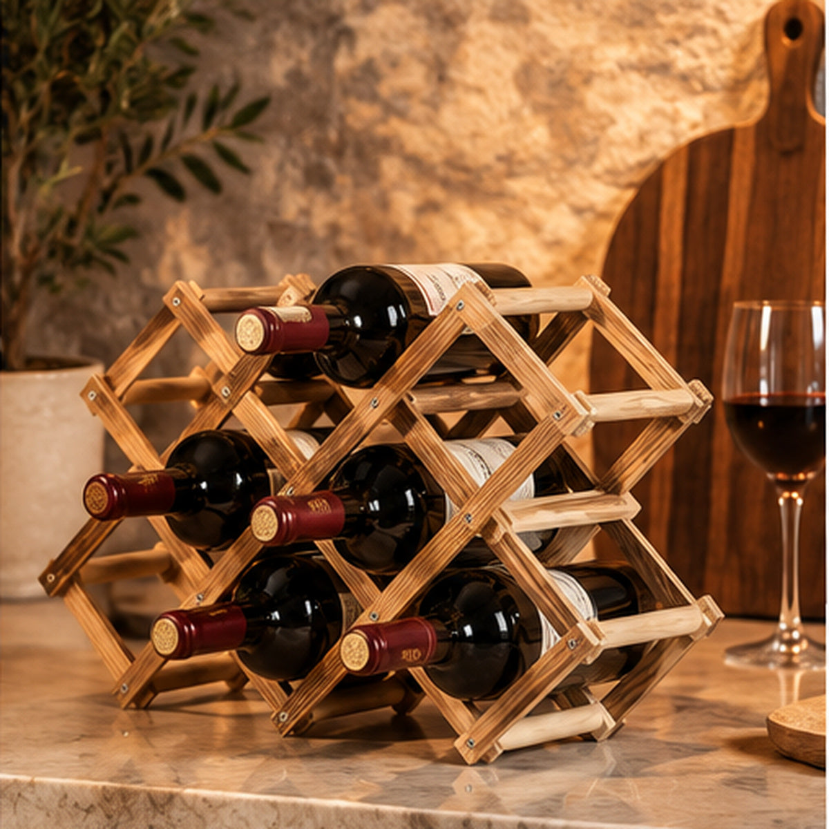 Porte-bouteilles en bois 6 bouteilles dans un intérieur chaleureux